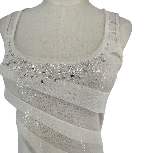 White House Black Market Sequin Mesh Tank Top White Small Scoop Neck Sleeveless - Picture 2 of 9